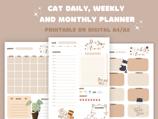 Pretty, neutral, aesthetic and calming digital cat themed Planner