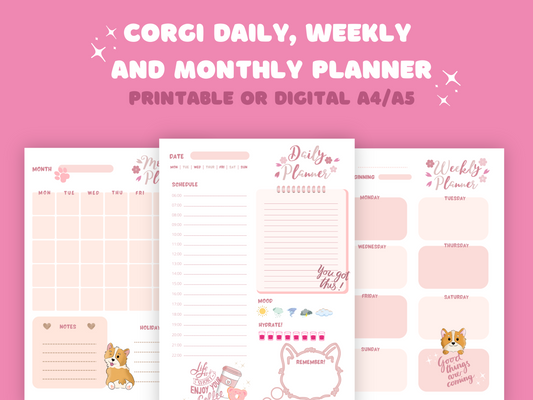 Pretty, pink, aesthetic and calming digital corgi dog themed Planner